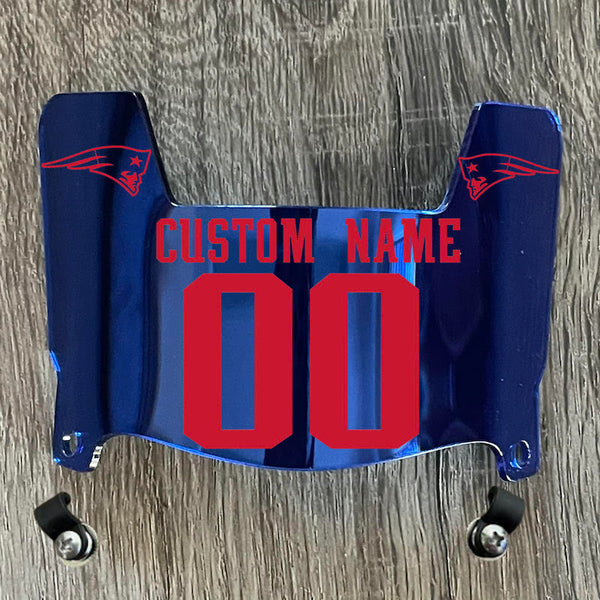 New England Patriots Custom Name & Number Mini Football Helmet Visor Shield Blue Chrome Mirror w/ Clips - Red