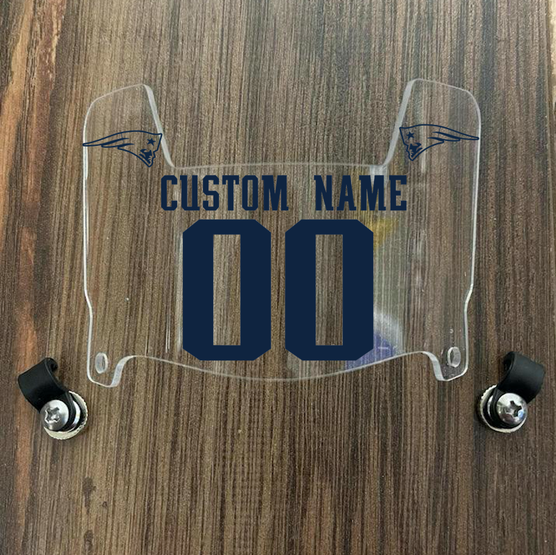 New England Patriots Custom Name & Number Mini Football Helmet Visor Shield Clear w/ Clips - Navy Blue