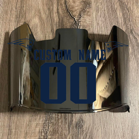 New England Patriots Custom Name & Number Full Size Football Helmet Visor Shield Silver Chrome Mirror w/ Clips - Navy Blue