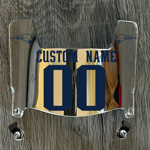 New England Patriots Custom Name & Number Mini Football Helmet Visor Shield Silver Chrome Mirror w/ Clips - Navy Blue