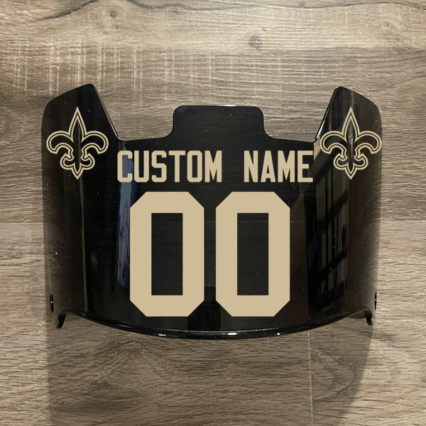 New Orleans Saints Custom Name & Number Full Size Football Helmet Visor Black Dark Tint w/ Clips - Metallic Gold