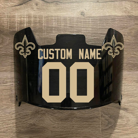 New Orleans Saints Custom Name & Number Full Size Football Helmet Visor Black Dark Tint w/ Clips - Metallic Gold