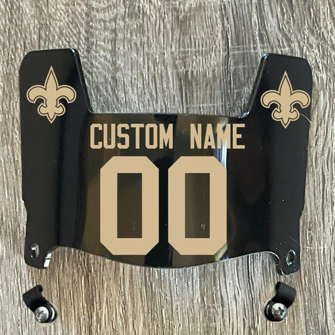 New Orleans Saints Custom Name & Number Mini Football Helmet Visor Shield Black Dark Tint w/ Clips - Metallic Gold
