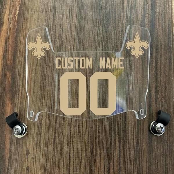 New Orleans Saints Custom Name & Number Mini Football Helmet Visor Shield Clear w/ Clips - Metallic Gold
