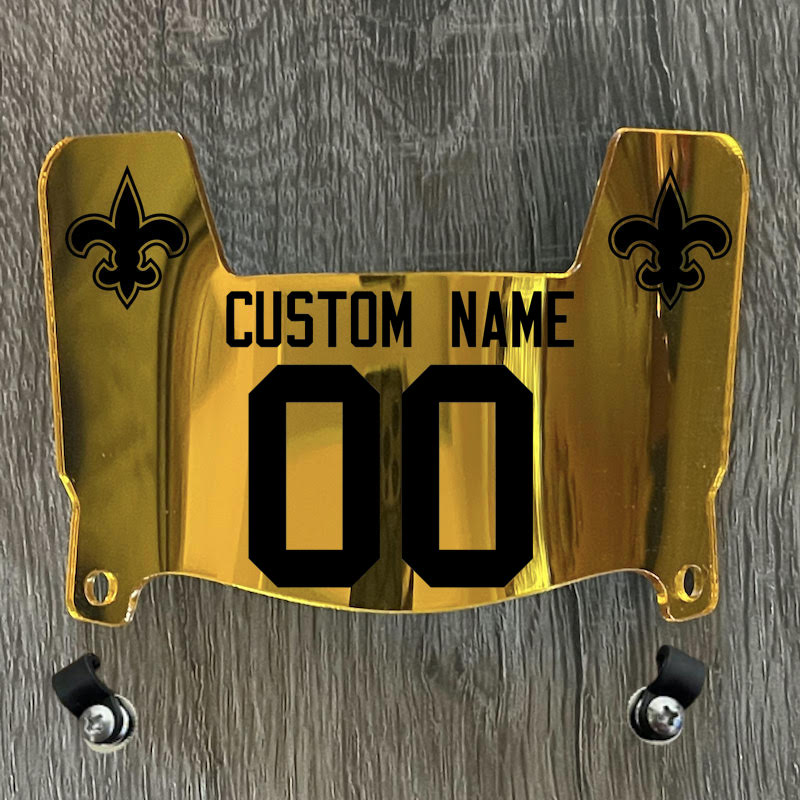 New Orleans Saints Custom Name & Number Mini Football Helmet Visor Shield Gold Chrome Mirror w/ Clips - Black