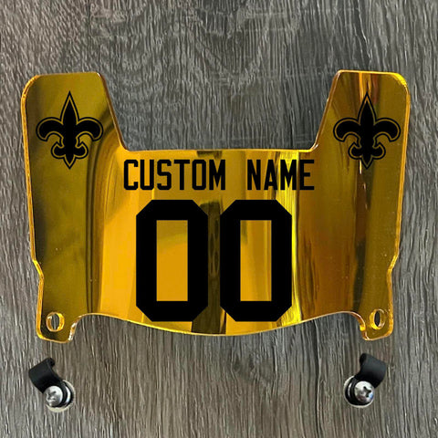 New Orleans Saints Custom Name & Number Mini Football Helmet Visor Shield Gold Chrome Mirror w/ Clips - Black