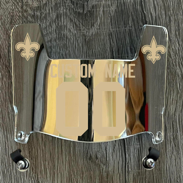New Orleans Saints Custom Name & Number Mini Football Helmet Visor Shield Silver Chrome Mirror w/ Clips - Metallic Gold