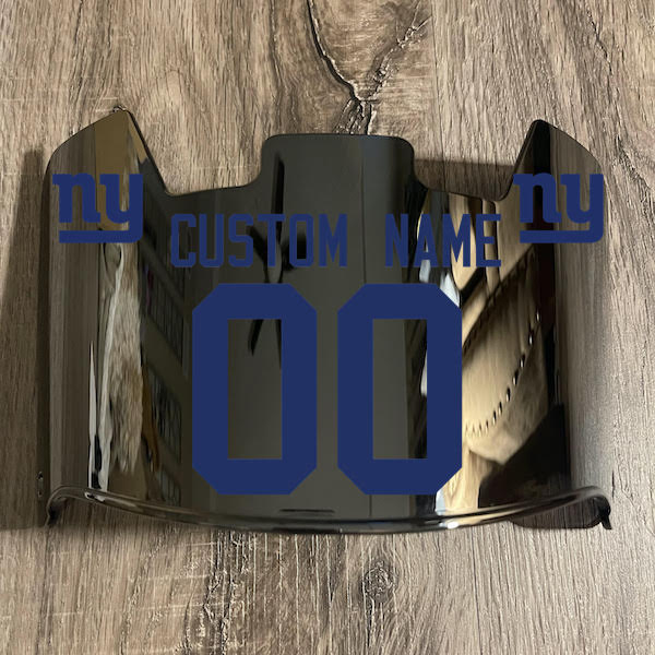 New York Giants Custom Name & Number Full Size Football Helmet Visor Shield Silver Chrome Mirror w/ Clips - Blue