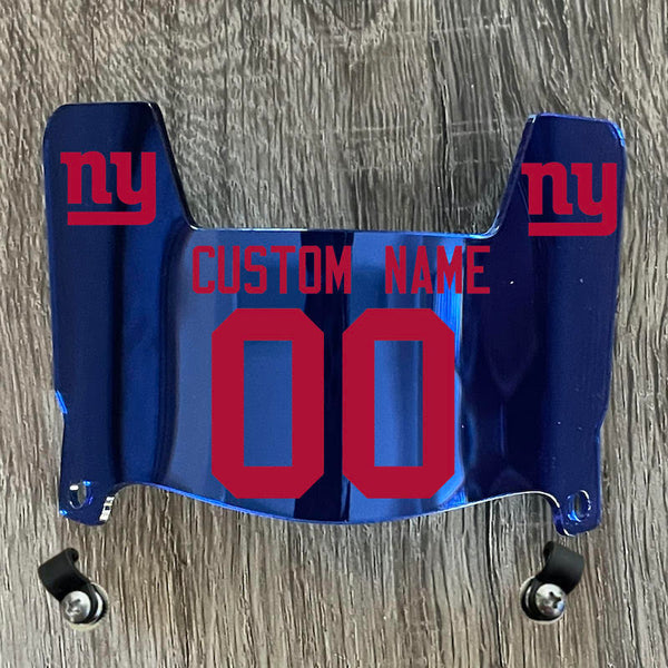 New York Giants Custom Name & Number Mini Football Helmet Visor Shield Blue Chrome Mirror w/ Clips - Red