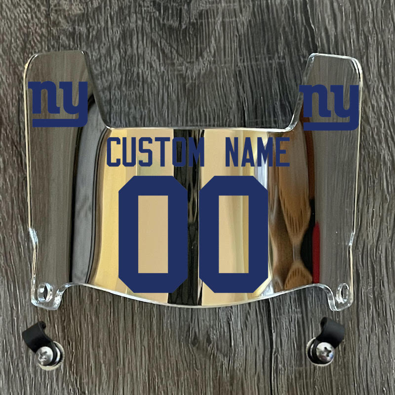 New York Giants Custom Name & Number Mini Football Helmet Visor Shield Silver Chrome Mirror w/ Clips - Blue