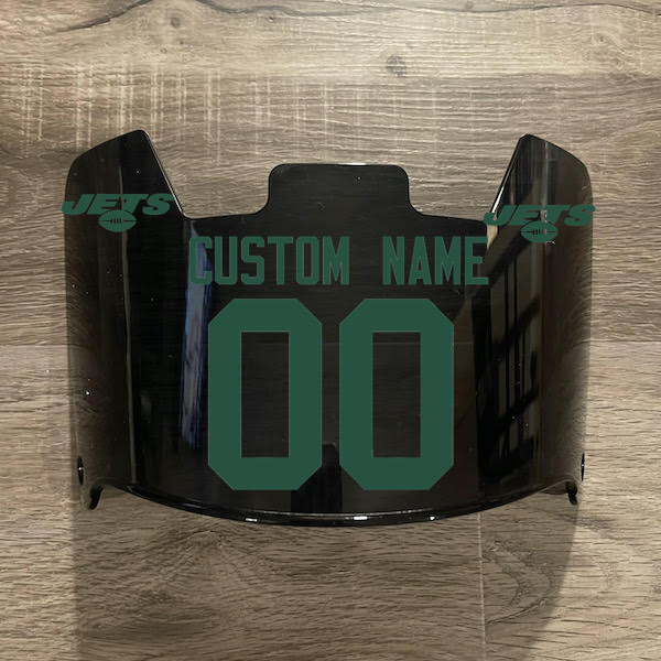 New York Jets Custom Name & Number Full Size Football Helmet Visor Shield Black Dark Tint w/ Clips - Green