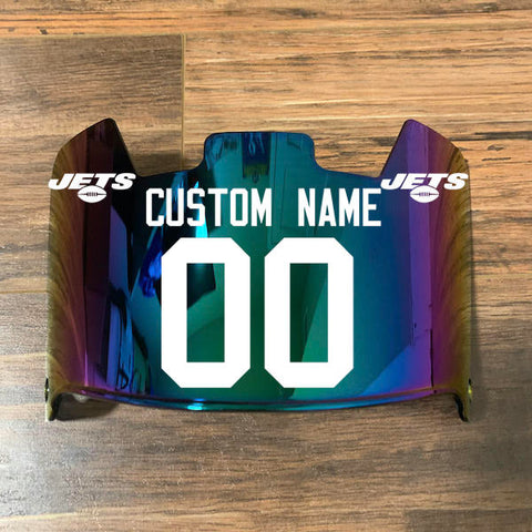New York Jets Custom Name & Number Full Size Football Helmet Visor Shield Green Iridium Mirror w/ Clips - White