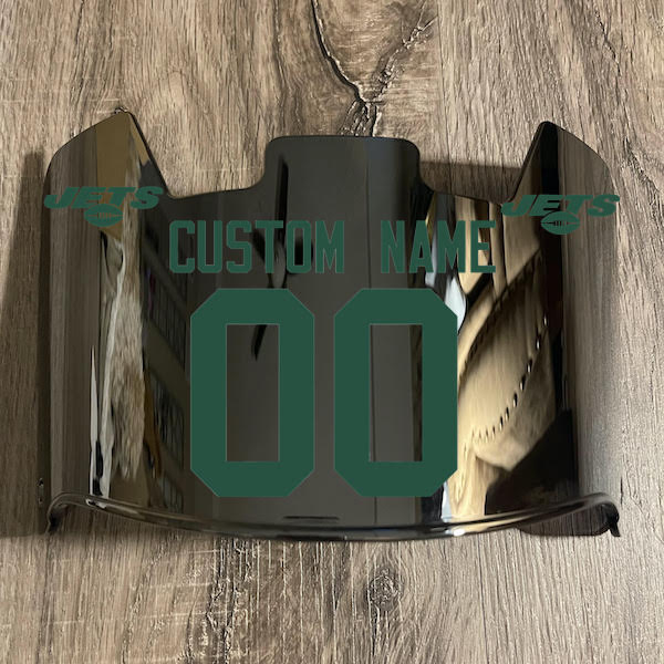 New York Jets Custom Name & Number Full Size Football Helmet Visor Shield Silver Chrome Mirror w/ Clips - Green