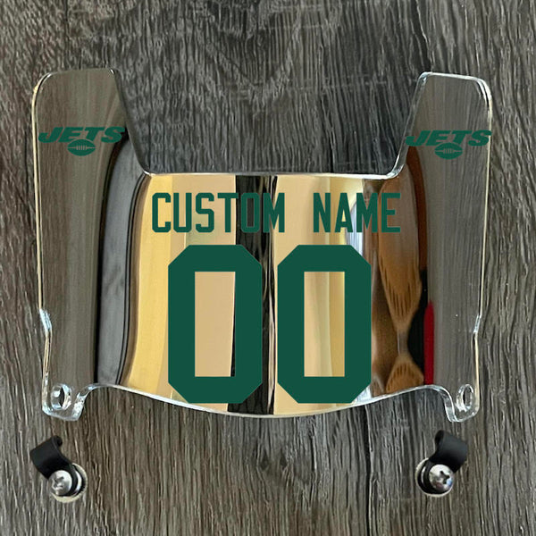 New York Jets Custom Name & Number Mini Football Helmet Visor Shield Silver Chrome Mirror w/ Clips - Green