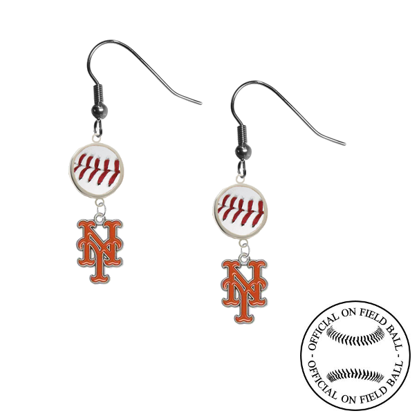 New York Mets MLB Authentic Rawlings On Field Leather Baseball Dangle Earrings