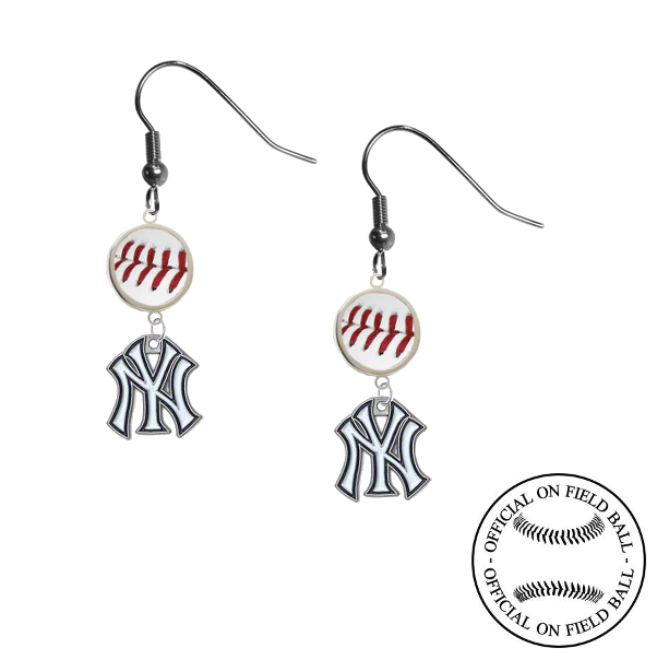 New York Yankees MLB Authentic Rawlings On Field Leather Baseball Dangle Earrings