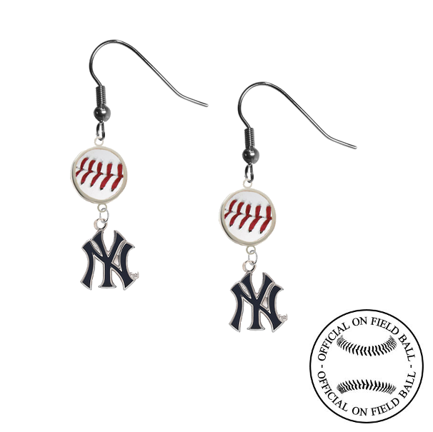 New York Yankees Style 2 MLB Authentic Rawlings On Field Leather Baseball Dangle Earrings