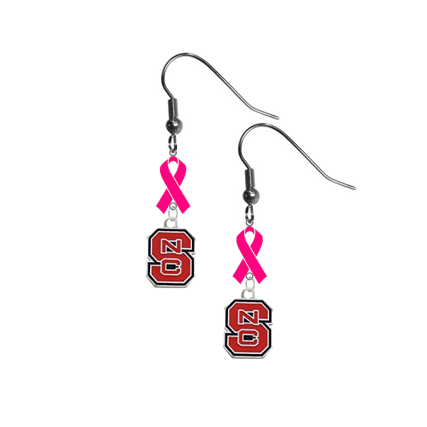 North Carolina State Wolfpack Breast Cancer Awareness Hot Pink Ribbon Dangle Earrings