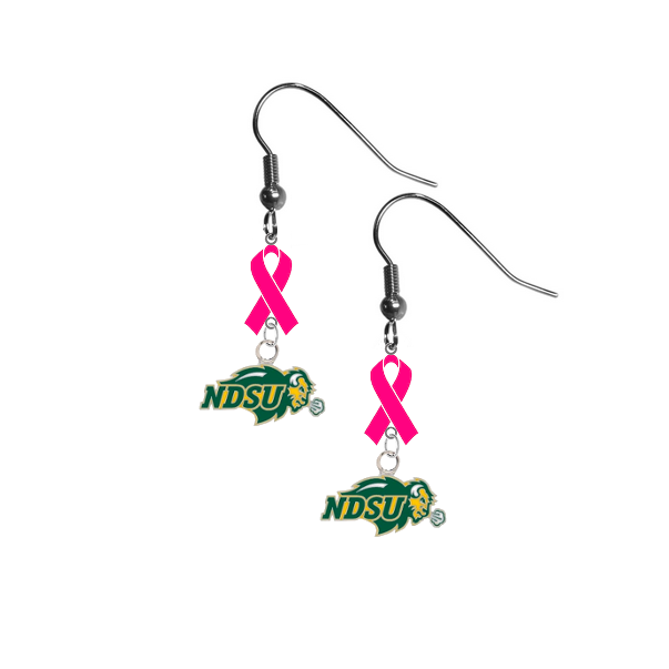 North Dakota State Bison Breast Cancer Awareness Hot Pink Ribbon Dangle Earrings