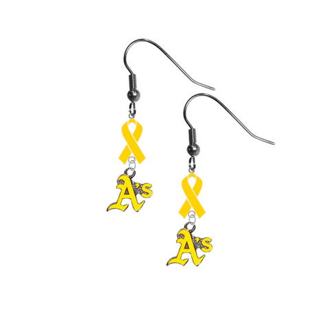 Oakland Athletics Style 2 MLB Childhood Cancer Awareness Yellow Ribbon Dangle Earrings