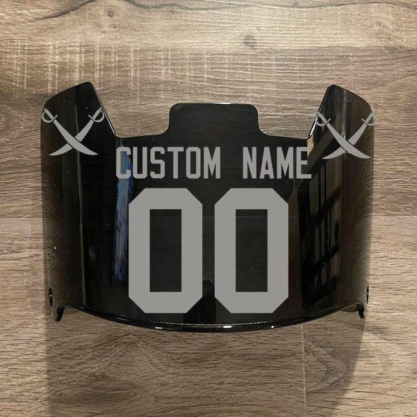 Las Vegas Raiders Custom Name & Number Full Size Football Helmet Visor Shield Black Dark Tint w/ Clips - METALLIC SILVER