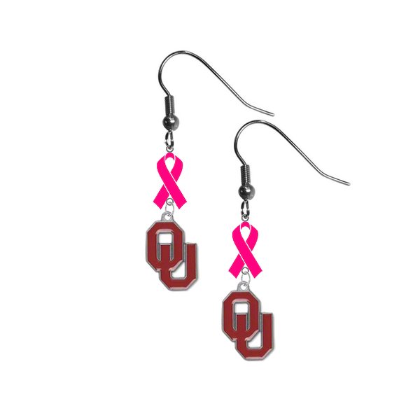 Oklahoma Sooners Breast Cancer Awareness Hot Pink Ribbon Dangle Earrings