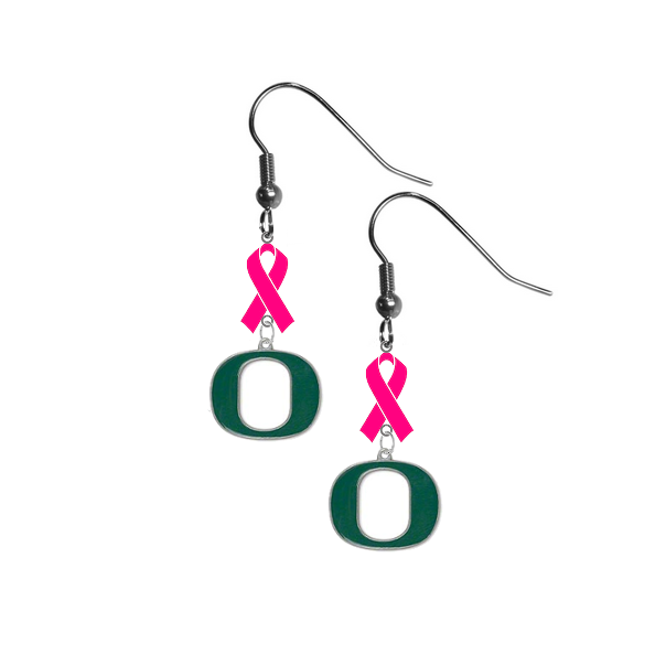 Oregon Ducks Breast Cancer Awareness Hot Pink Ribbon Dangle Earrings