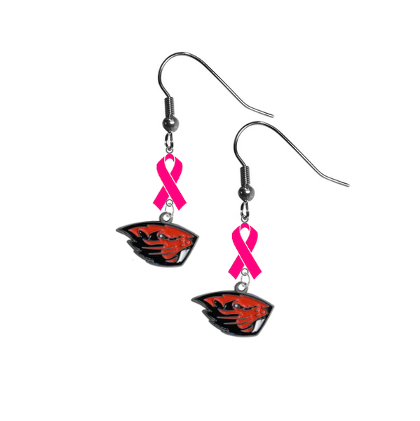 Oregon State Beavers Breast Cancer Awareness Hot Pink Ribbon Dangle Earrings