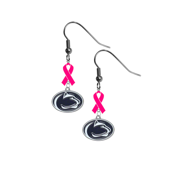Penn State Nittany Lions Breast Cancer Awareness Hot Pink Ribbon Dangle Earrings