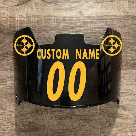 Pittsburgh Steelers Custom Name & Number Full Size Football Helmet Visor Shield Black Dark Tint w/ Clips - Yellow