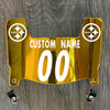 Pittsburgh Steelers Custom Name & Number Mini Football Helmet Visor Shield Gold Chrome Mirror w/ Clips - White