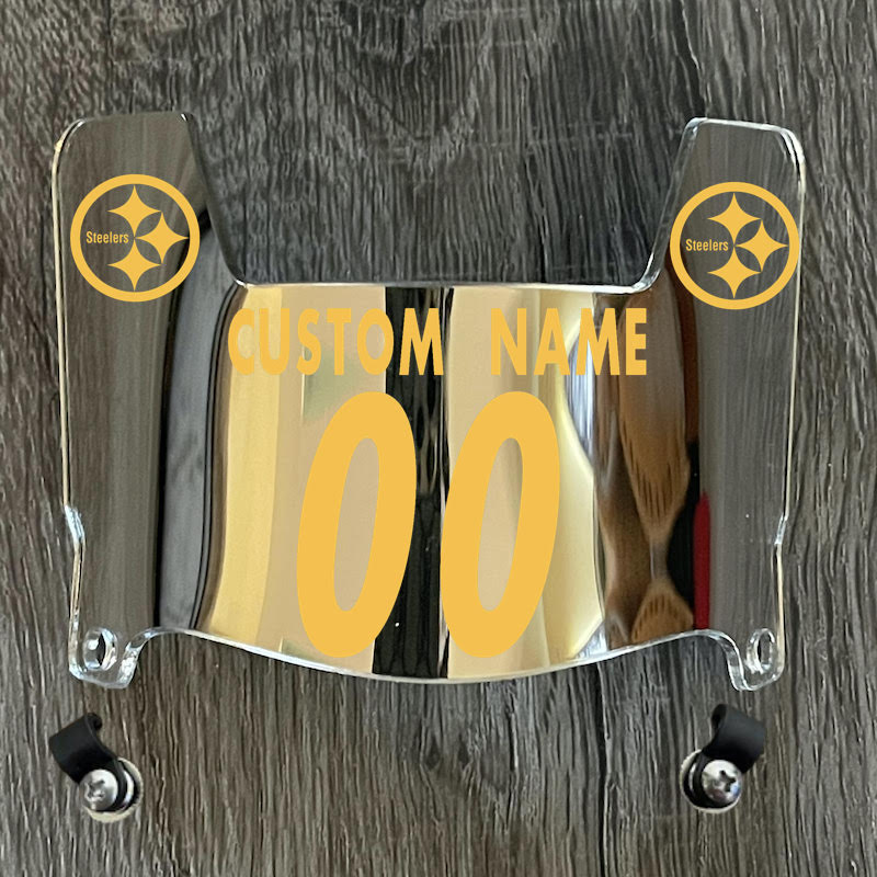 Pittsburgh Steelers Custom Name & Number Mini Football Helmet Visor Shield Silver Chrome Mirror w/ Clips - Yellow