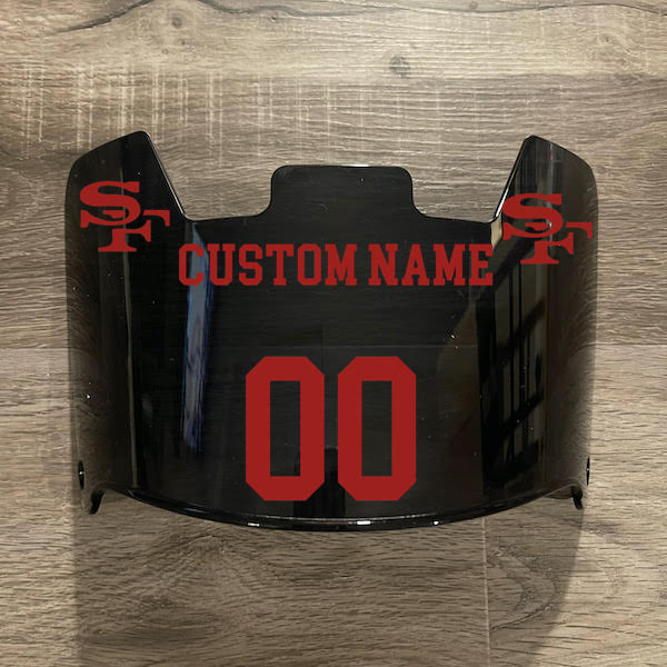 San Francisco 49ers Custom Name & Number Full Size Football Helmet Visor Shield Black Dark Tint w/ Clips - Red