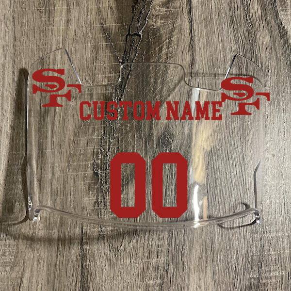 San Francisco 49ers Custom Name & Number Full Size Football Helmet Visor Shield Clear w/ Clips - Red