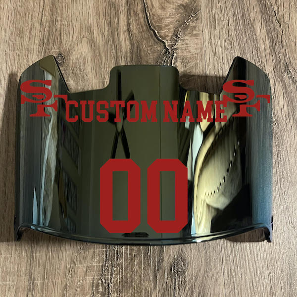 San Francisco 49ers Custom Name & Number Full Size Football Helmet Visor Shield Gold Iridium Mirror w/ Clips - Red