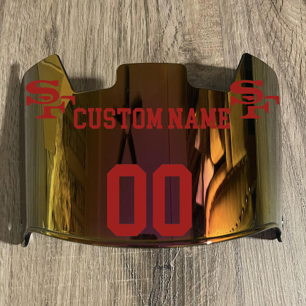 San Francisco 49ers Custom Name & Number Full Size Football Helmet Visor Shield Red Iridium Mirror w/ Clips - Red