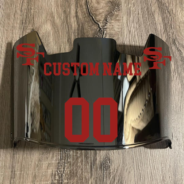 San Francisco 49ers Custom Name & Number Full Size Football Helmet Visor Shield Silver Chrome Mirror w/ Clips - Red