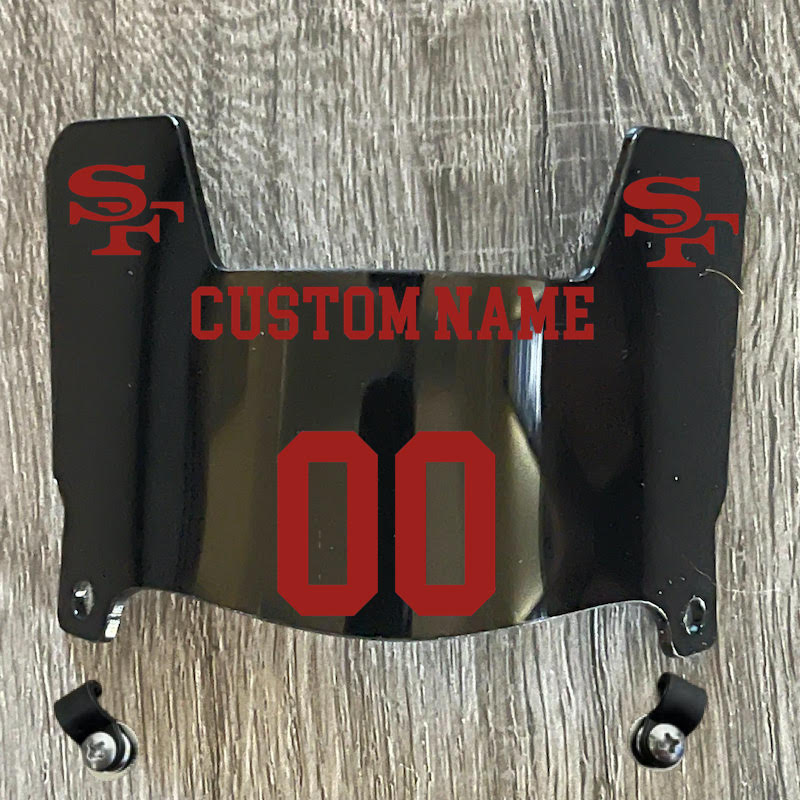 San Francisco 49ers Custom Name & Number Mini Football Helmet Visor Shield Black Dark Tint w/ Clips - Red