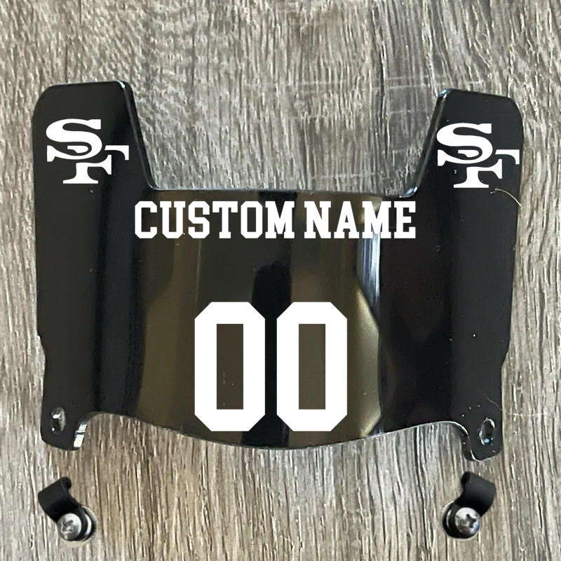 San Francisco 49ers Custom Name & Number Mini Football Helmet Visor Shield Black Dark Tint w/ Clips - White
