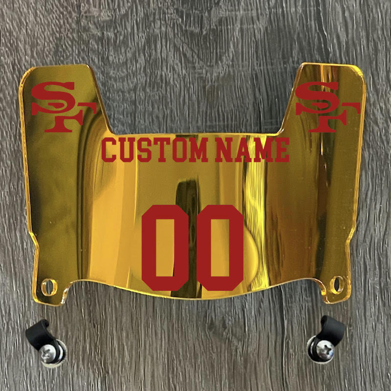 San Francisco 49ers Custom Name & Number Mini Football Helmet Visor Shield Gold Chrome Mirror w/ Clips - Red