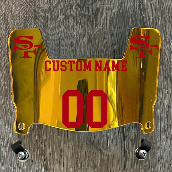 San Francisco 49ers Custom Name & Number Mini Football Helmet Visor Shield Gold Chrome Mirror w/ Clips - Red