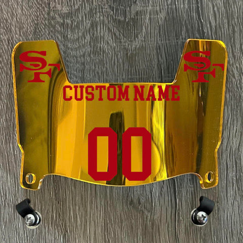 San Francisco 49ers Custom Name & Number Mini Football Helmet Visor Shield Gold Chrome Mirror w/ Clips - Red