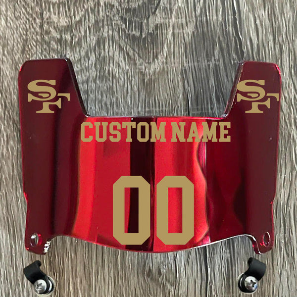 San Francisco 49ers Custom Name & Number Mini Football Helmet Visor Shield Red Chrome Mirror w/ Clips - Metallic Gold