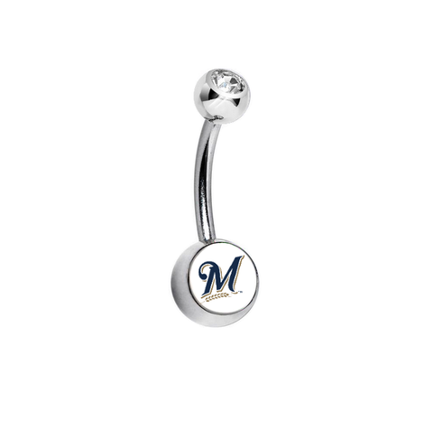 Milwaukee Brewers Clear Swarovski Crystal Classic Style MLB Belly Ring