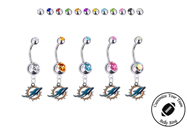 Miami Dolphins Silver Swarovski Belly Button Navel Ring - Customize Gem Colors