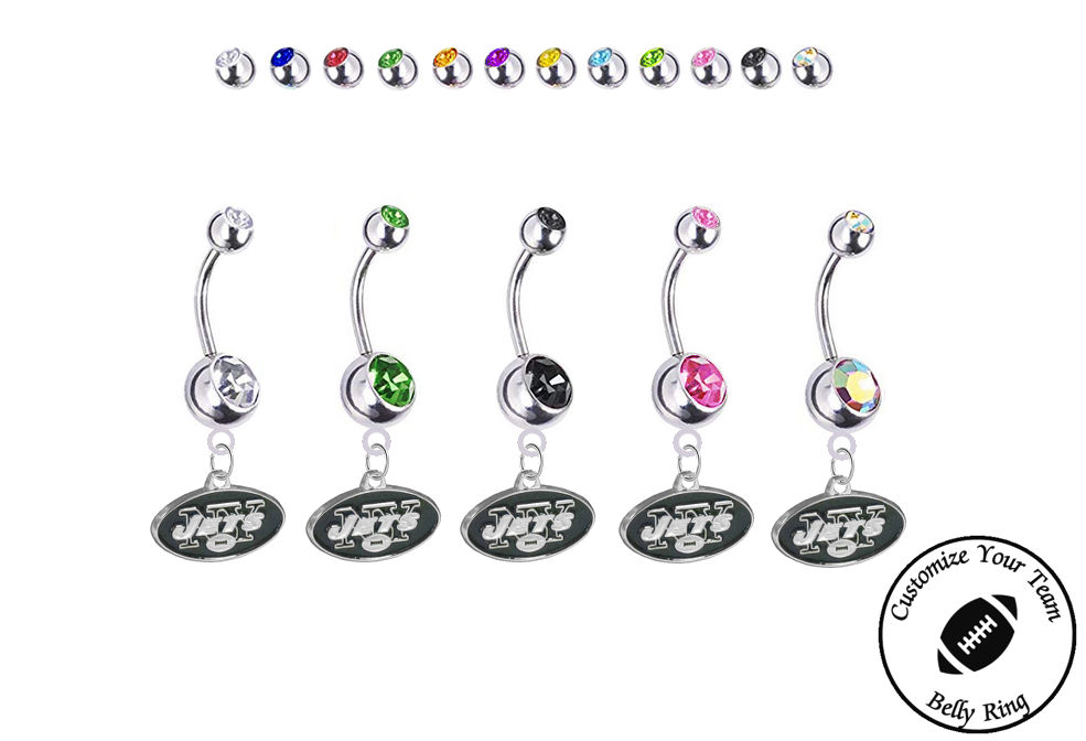 New York Jets Silver Swarovski Belly Button Navel Ring - Customize Gem Colors