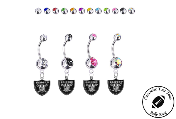 Oakland Raiders Silver Swarovski Belly Button Navel Ring - Customize Gem Colors