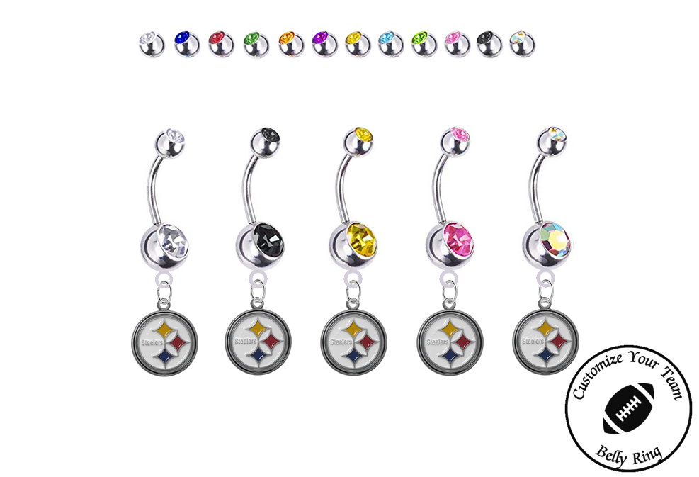 Pittsburgh Steelers Silver Swarovski Belly Button Navel Ring - Customize Gem Colors