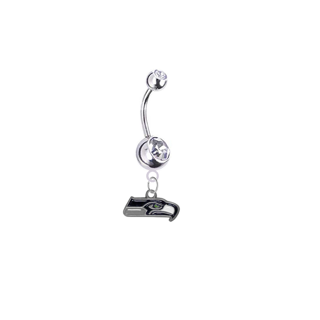 Seattle Seahawks Silver Clear Swarovski Belly Button Navel Ring - Customize Gem Colors