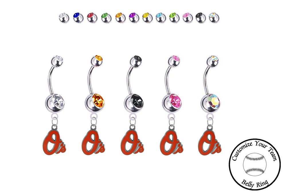 Baltimore Orioles Silver Swarovski Belly Button Navel Ring - Customize Gem Colors